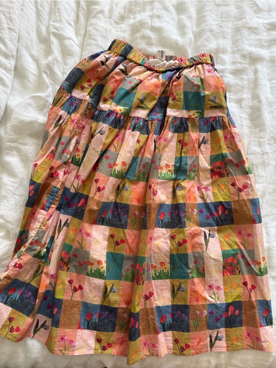 Pinkyotto Dresses & Skirts - Pinkyotto Floral Check Tiered Midi Skirt in Pink, Blue, Green & Tan